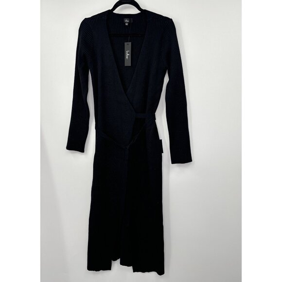 Lulus Ribbed Surplice Wrap Midi Sweater Dress Duster Cardigan Black Large NEW - Picture 2 of 8